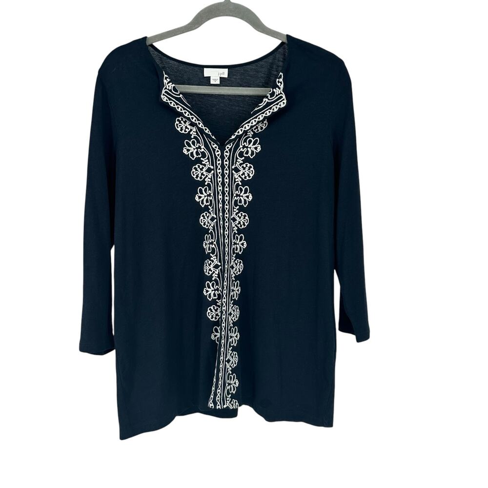 J. Jill Black Embroidered Split Neck Pullover Blouse Sz Medium